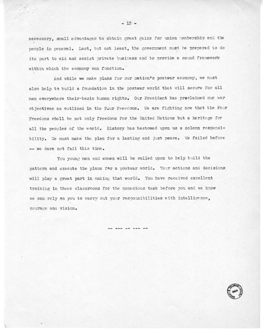 Speech of Senator Harry S. Truman at Kirksville, Missouri
