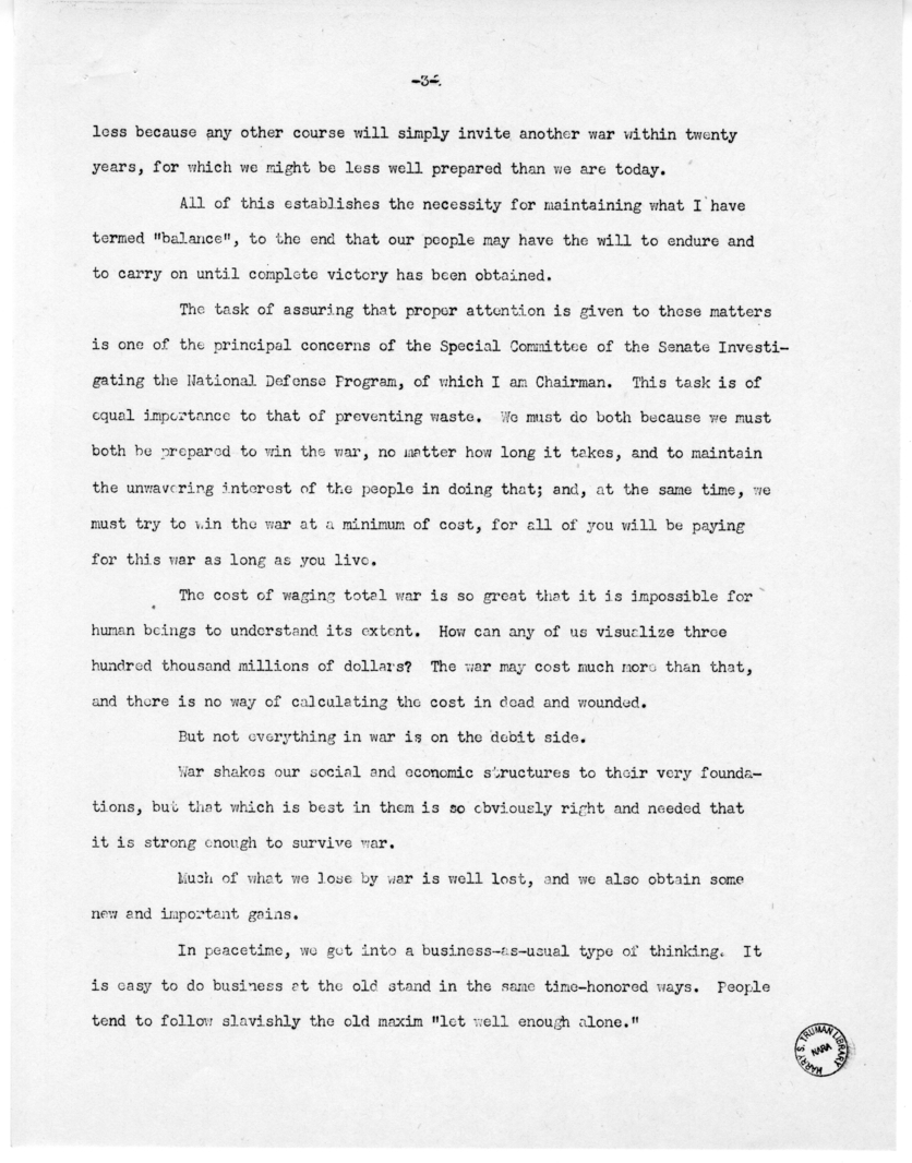 Speech of Senator Harry S. Truman Before the Fraternal Order of Eagles