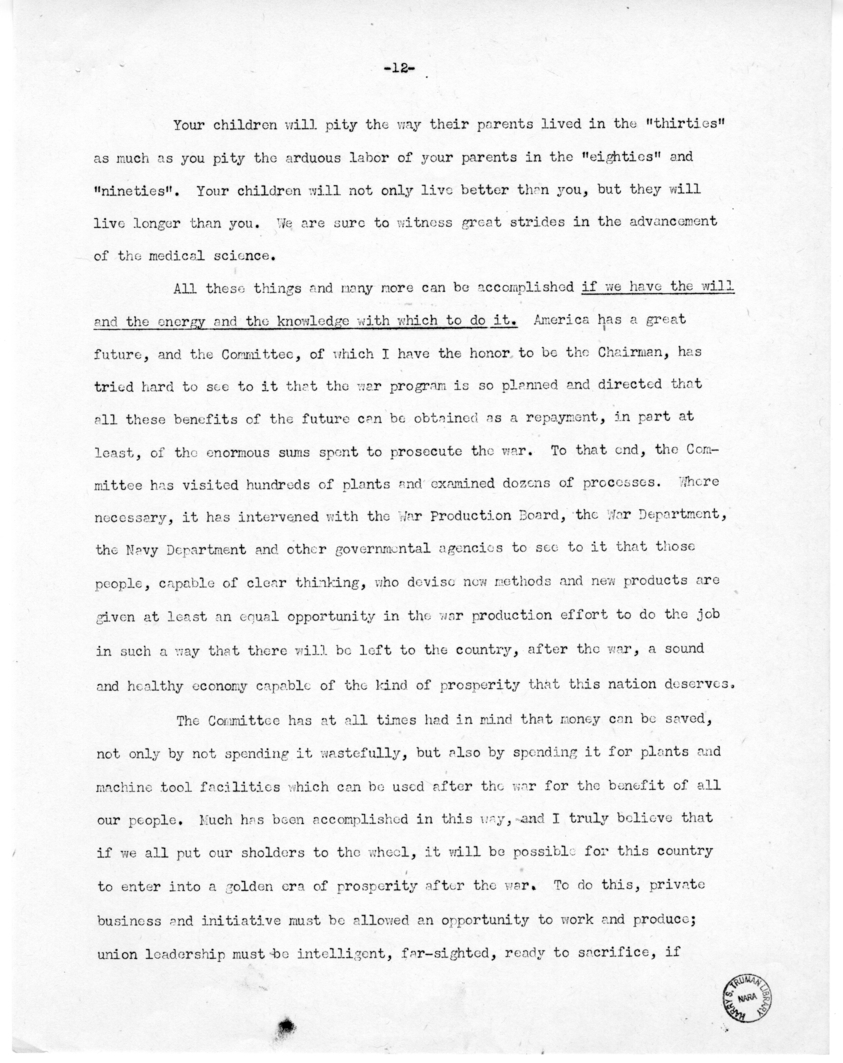 Speech of Senator Harry S. Truman Before the Fraternal Order of Eagles
