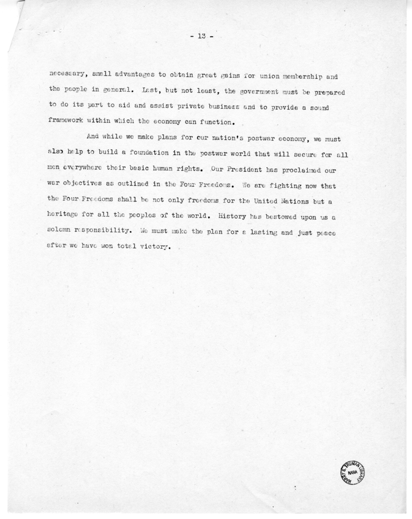 Speech of Senator Harry S. Truman Before the Fraternal Order of Eagles
