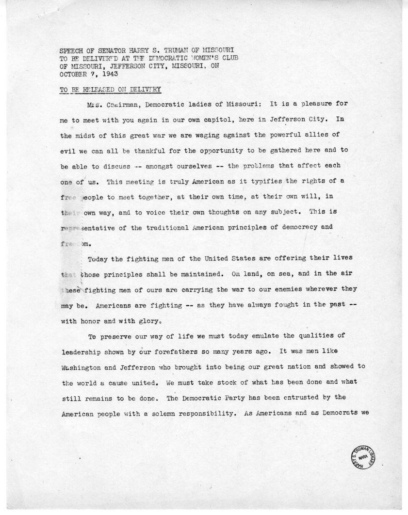 Speech of Senator Harry S. Truman at Jefferson City, Missouri