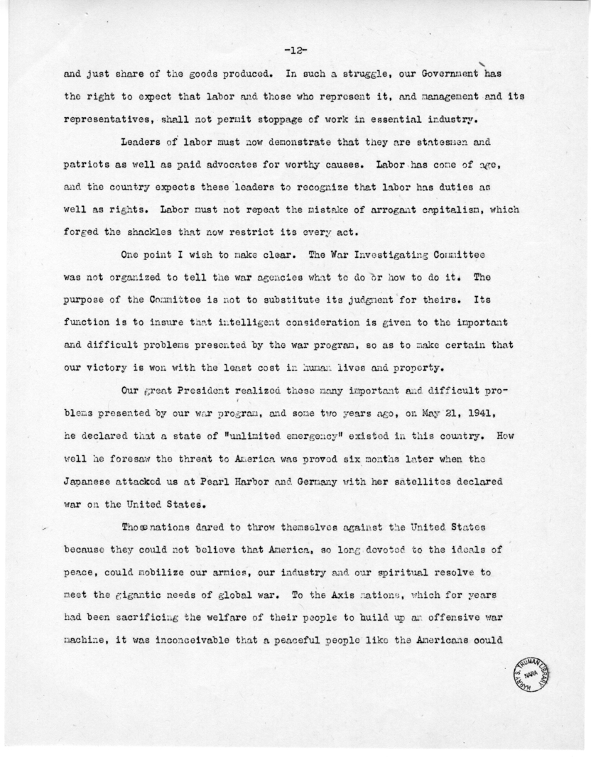 Speech of Senator Harry S. Truman at Jefferson City, Missouri