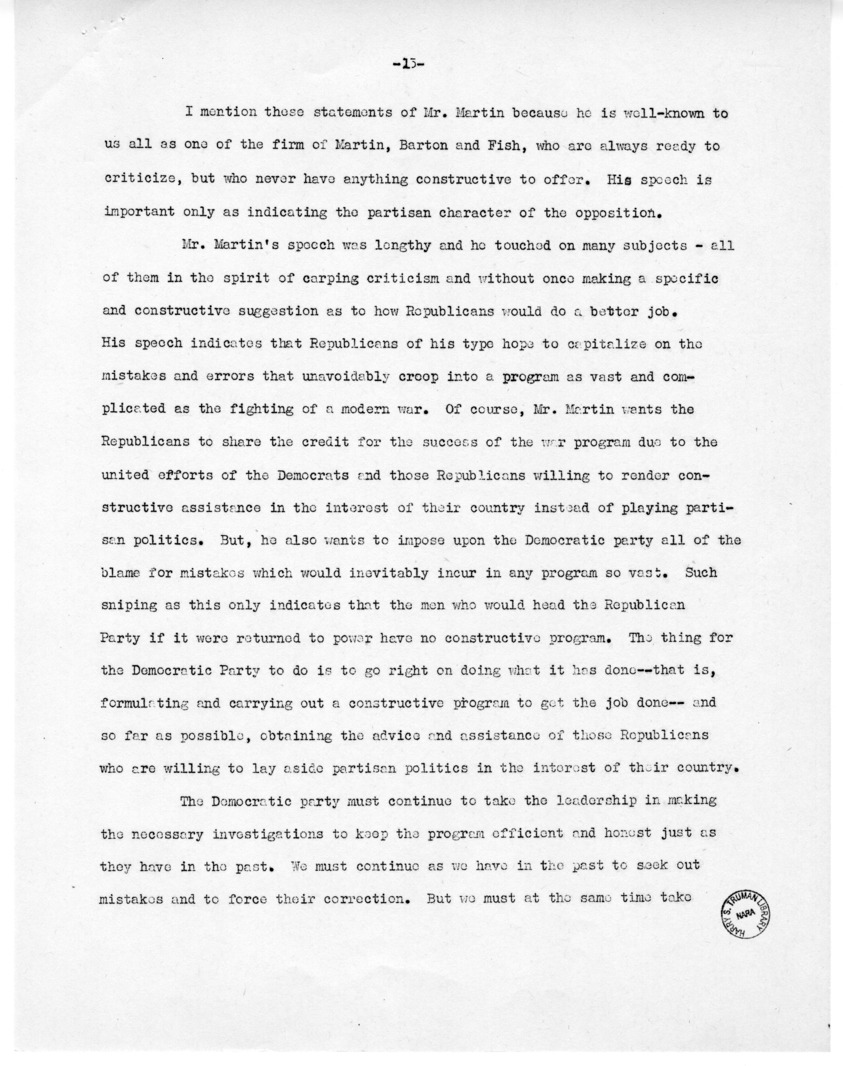 Speech of Senator Harry S. Truman at Jefferson City, Missouri
