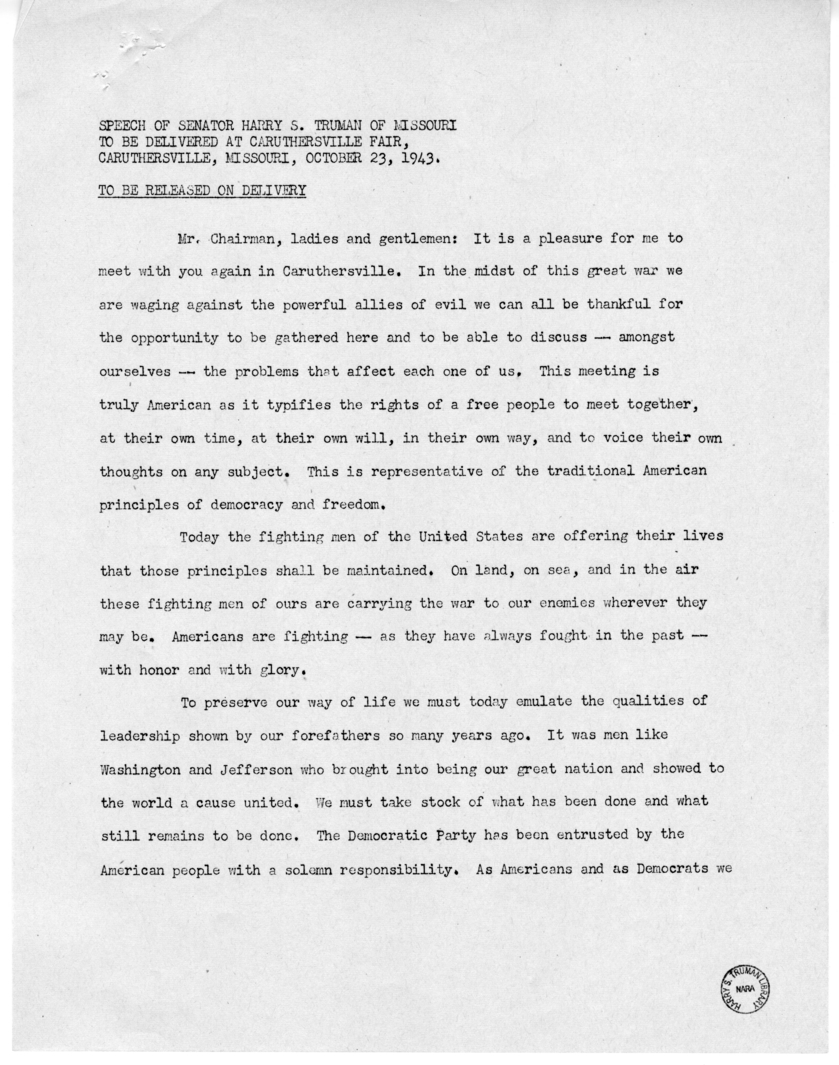 Speech of Senator Harry S. Truman at Caruthersville, Missouri