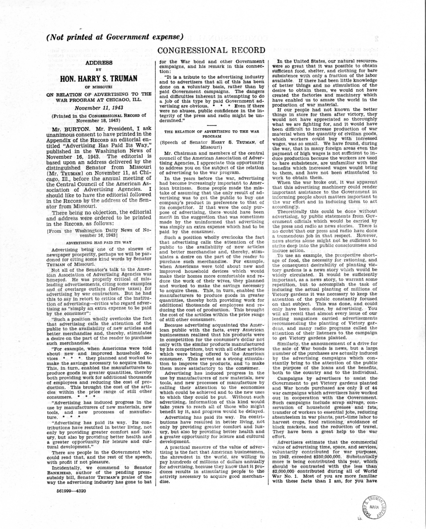 Speech of Senator Harry S. Truman in the United States Senate On Relation of Advertising to the War Program at Chicago, Illinois