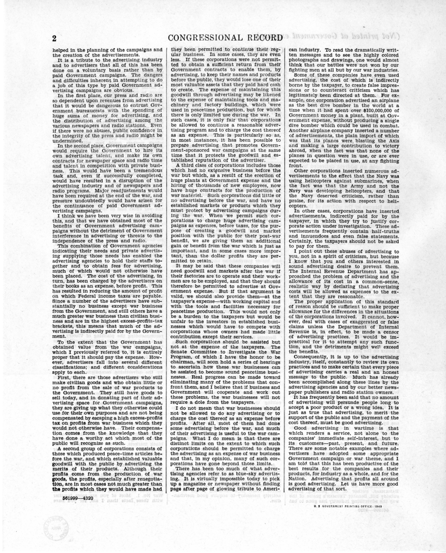 Speech of Senator Harry S. Truman in the United States Senate On Relation of Advertising to the War Program at Chicago, Illinois