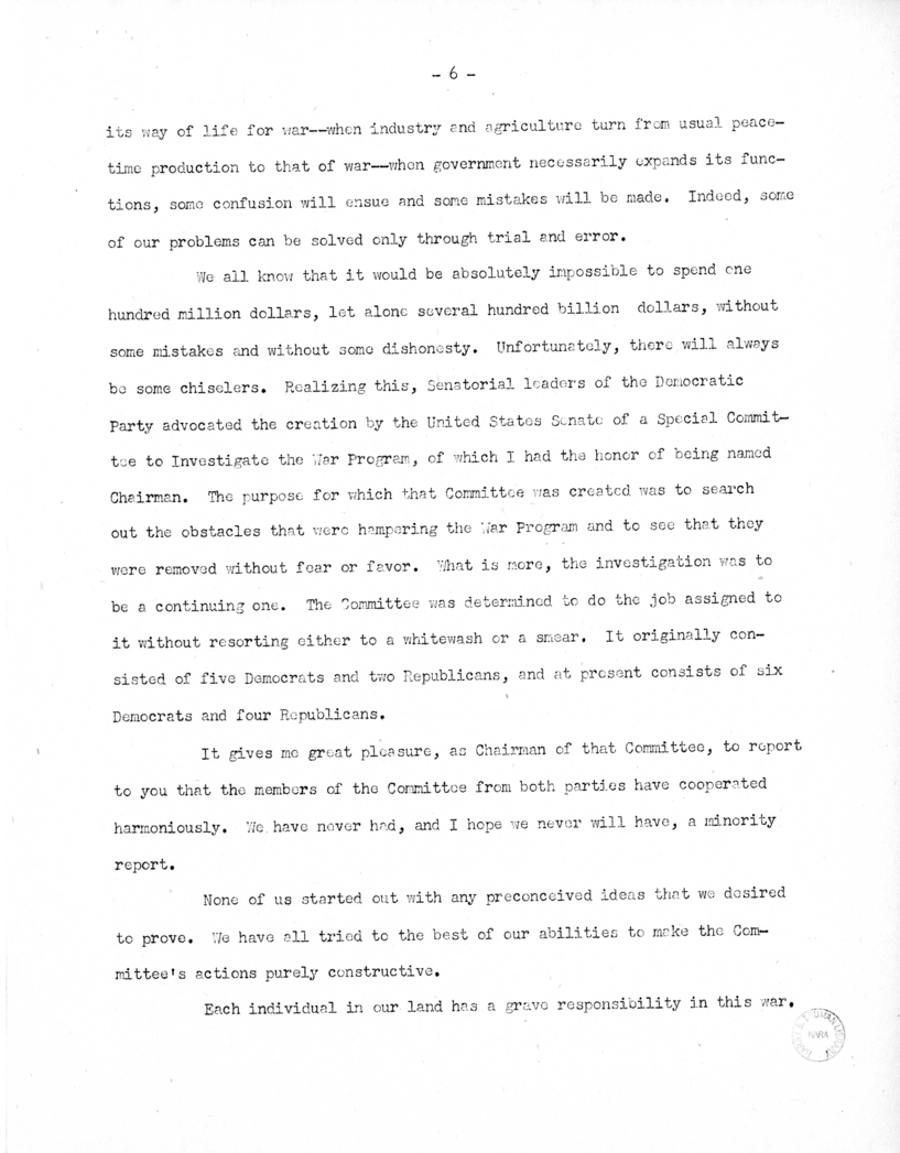Speech of Senator Harry S. Truman Delivered Before the Democratic Women's Council, Washington, D.C.