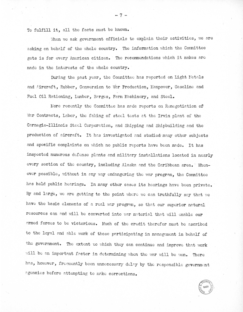 Speech of Senator Harry S. Truman Delivered Before the Democratic Women's Council, Washington, D.C.