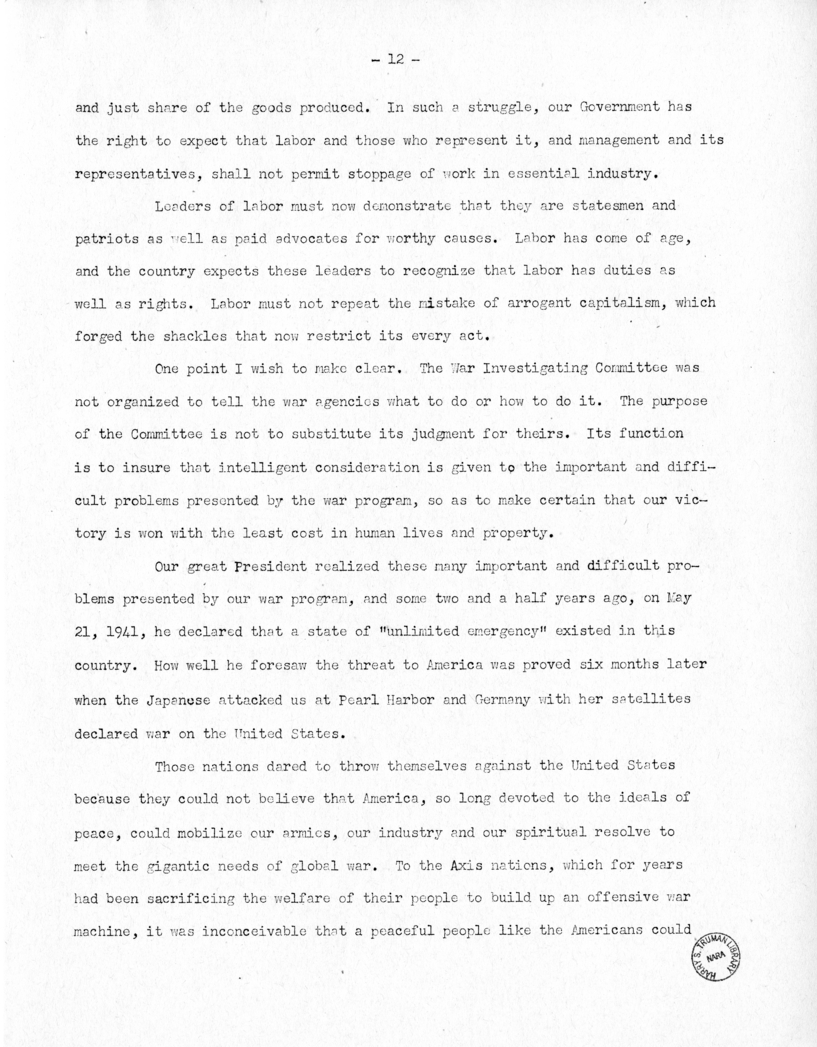 Speech of Senator Harry S. Truman Delivered Before the Democratic Women's Council, Washington, D.C.