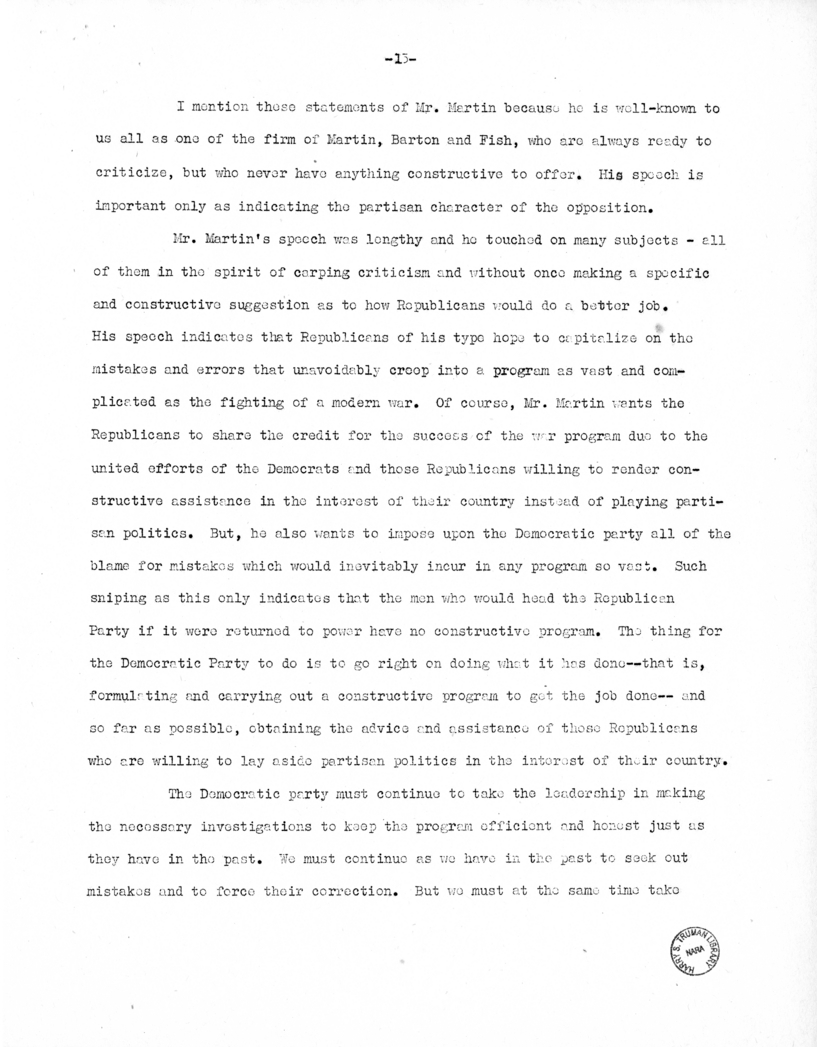 Speech of Senator Harry S. Truman Delivered Before the Democratic Women's Council, Washington, D.C.