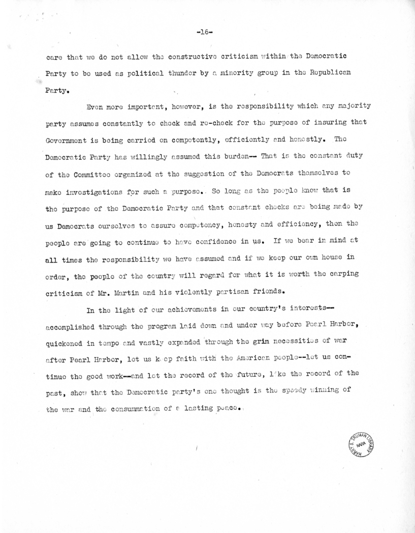 Speech of Senator Harry S. Truman Delivered Before the Democratic Women's Council, Washington, D.C.