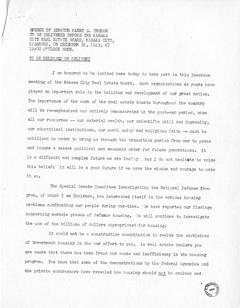 Speech of Senator Harry S. Truman Before the Kansas City Real Estate Board, Kansas City, Missouri