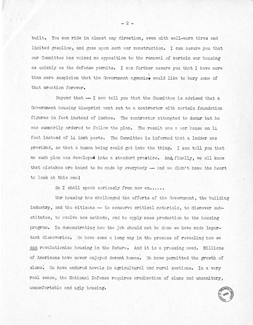 Speech of Senator Harry S. Truman Before the Kansas City Real Estate Board, Kansas City, Missouri