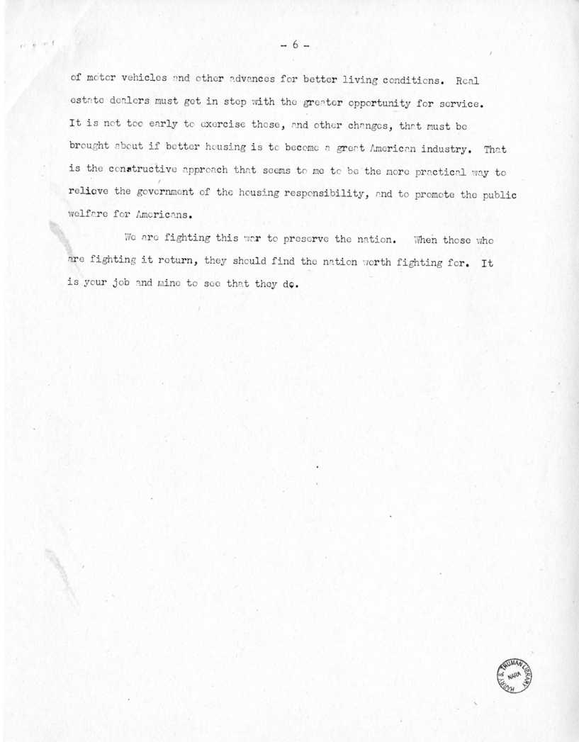 Speech of Senator Harry S. Truman Before the Kansas City Real Estate Board, Kansas City, Missouri