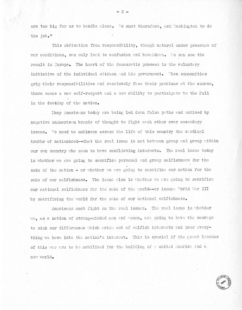 Speech of Senator Harry S. Truman at the United Nations Forum, Philadelphia, Pennsylvania