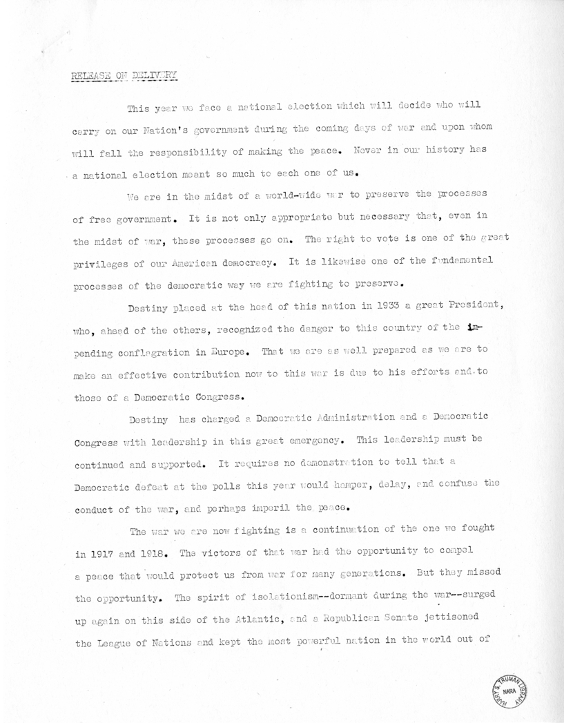 Speech of Senator Harry S. Truman at Jacksonville, Florida