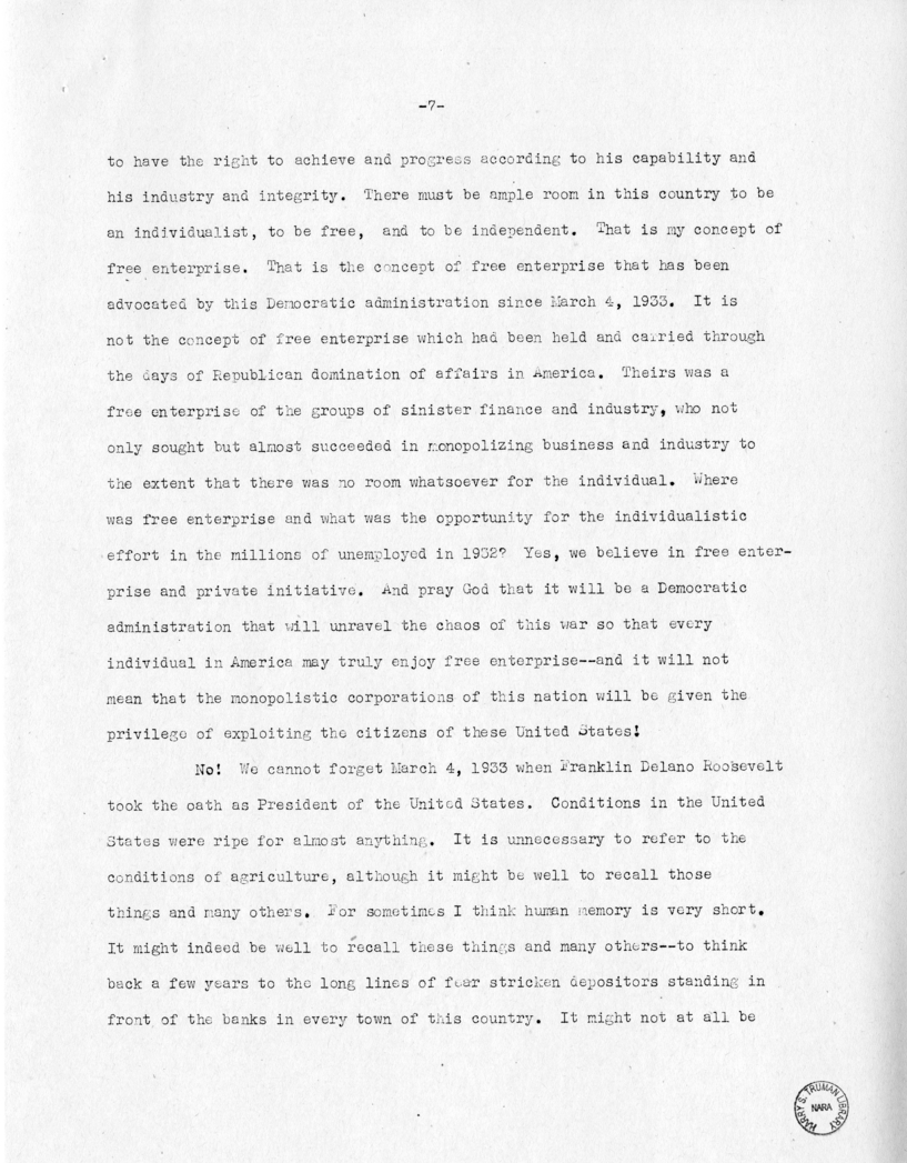 Speech of Senator Harry S. Truman at Jacksonville, Florida