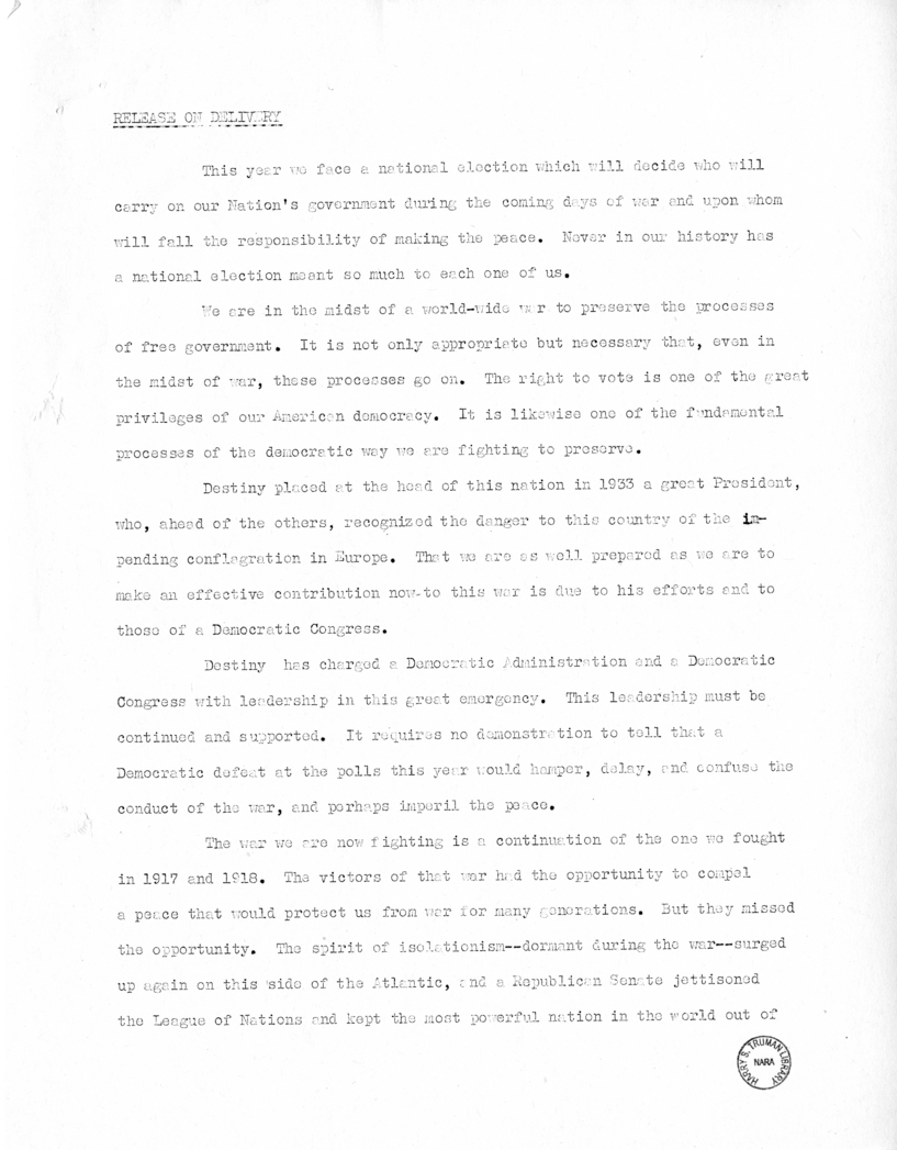 Speech of Senator Harry S. Truman at Jackson Day Dinner, Tampa, Florida