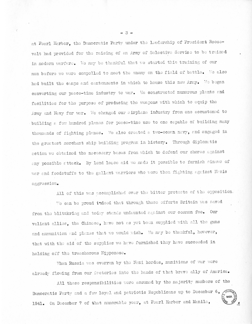 Speech of Senator Harry S. Truman at Jackson Day Dinner, Tampa, Florida
