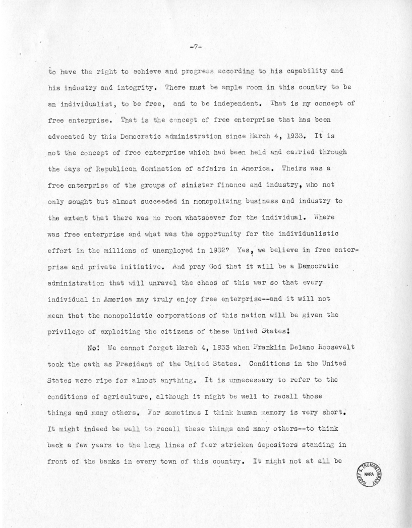 Speech of Senator Harry S. Truman at Jackson Day Dinner, Tampa, Florida