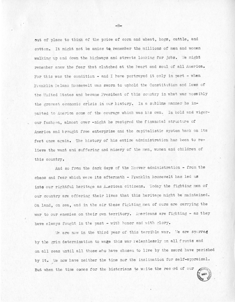 Speech of Senator Harry S. Truman at Jackson Day Dinner, Tampa, Florida