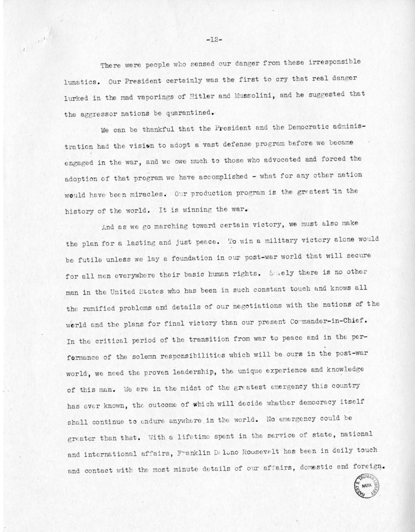 Speech of Senator Harry S. Truman at Jackson Day Dinner, Tampa, Florida