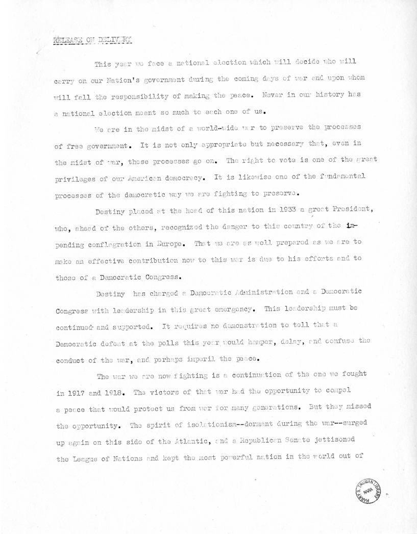 Speech of Senator Harry S. Truman at Fort Lauderdale, Florida