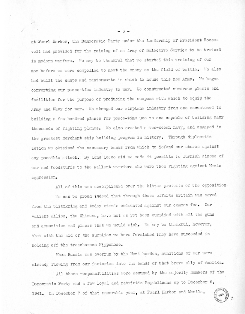 Speech of Senator Harry S. Truman at Fort Lauderdale, Florida