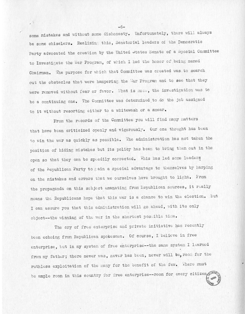 Speech of Senator Harry S. Truman at Fort Lauderdale, Florida