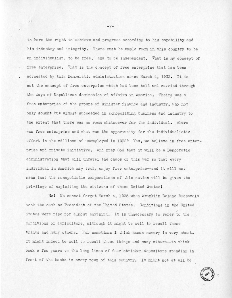 Speech of Senator Harry S. Truman at Fort Lauderdale, Florida