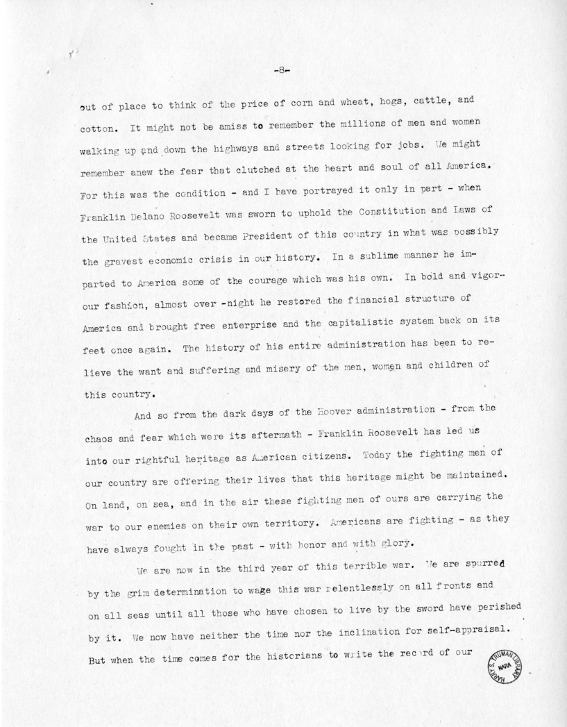 Speech of Senator Harry S. Truman at Fort Lauderdale, Florida