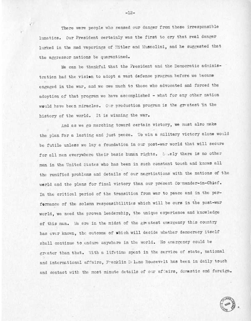 Speech of Senator Harry S. Truman at Fort Lauderdale, Florida