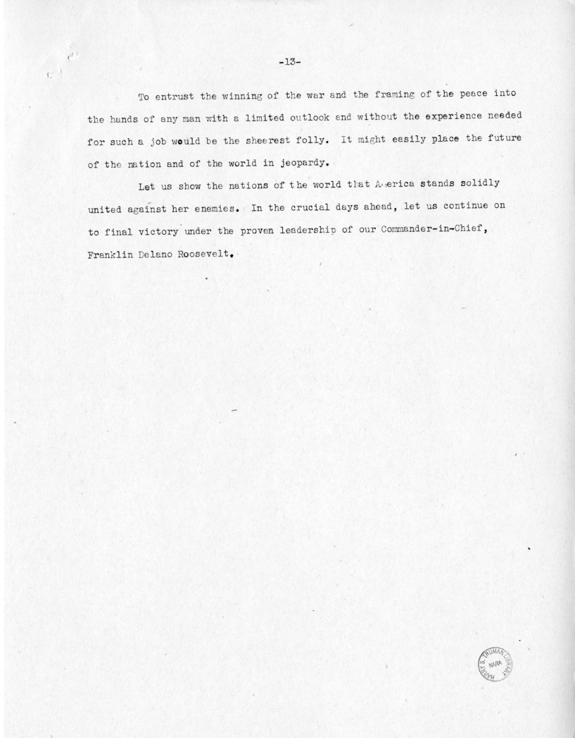 Speech of Senator Harry S. Truman at Fort Lauderdale, Florida