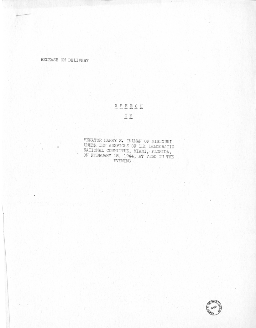 Speech of Senator Harry S. Truman at Miami, Florida