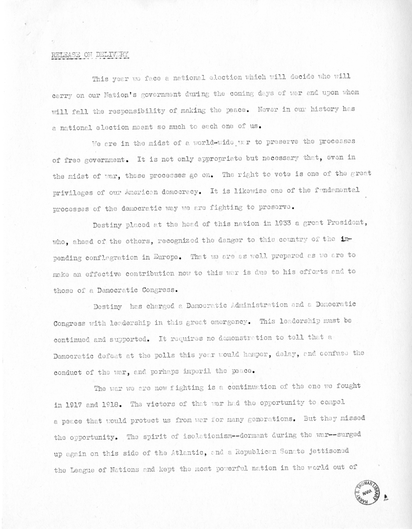 Speech of Senator Harry S. Truman at Miami, Florida