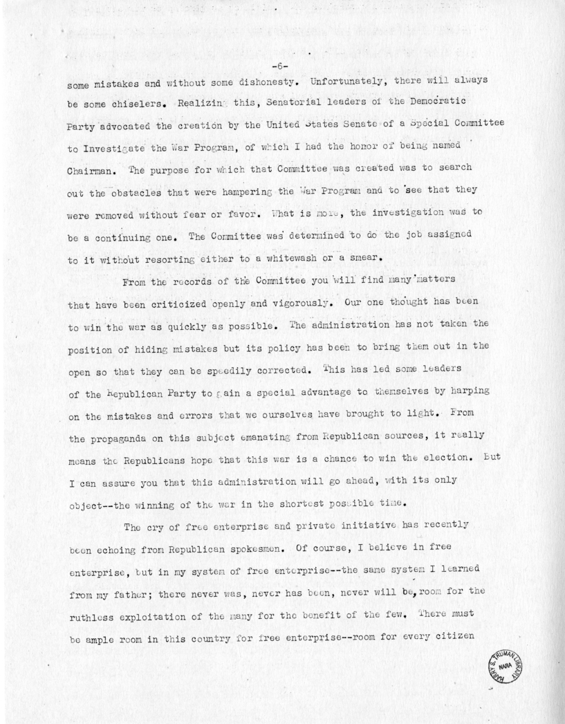 Speech of Senator Harry S. Truman at Miami, Florida