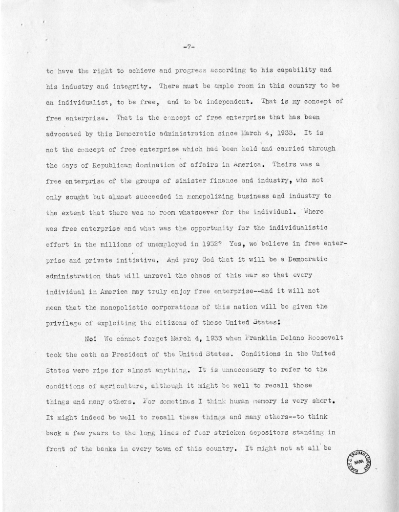 Speech of Senator Harry S. Truman at Miami, Florida