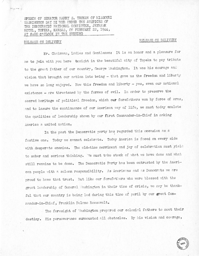 Speech of Senator Harry S. Truman at Topeka, Kansas Washington Day Dinner