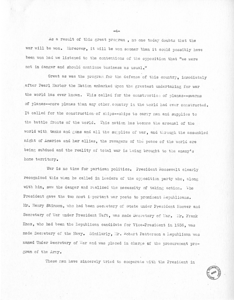 Speech of Senator Harry S. Truman at Topeka, Kansas Washington Day Dinner