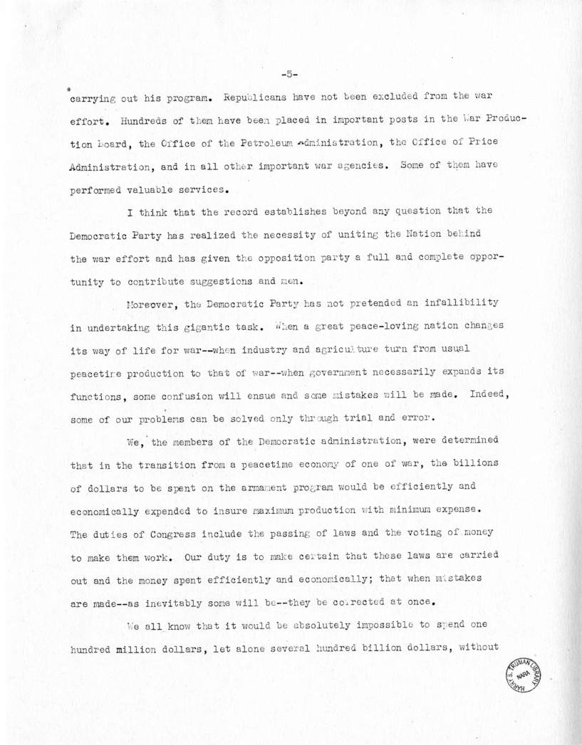 Speech of Senator Harry S. Truman at Topeka, Kansas Washington Day Dinner
