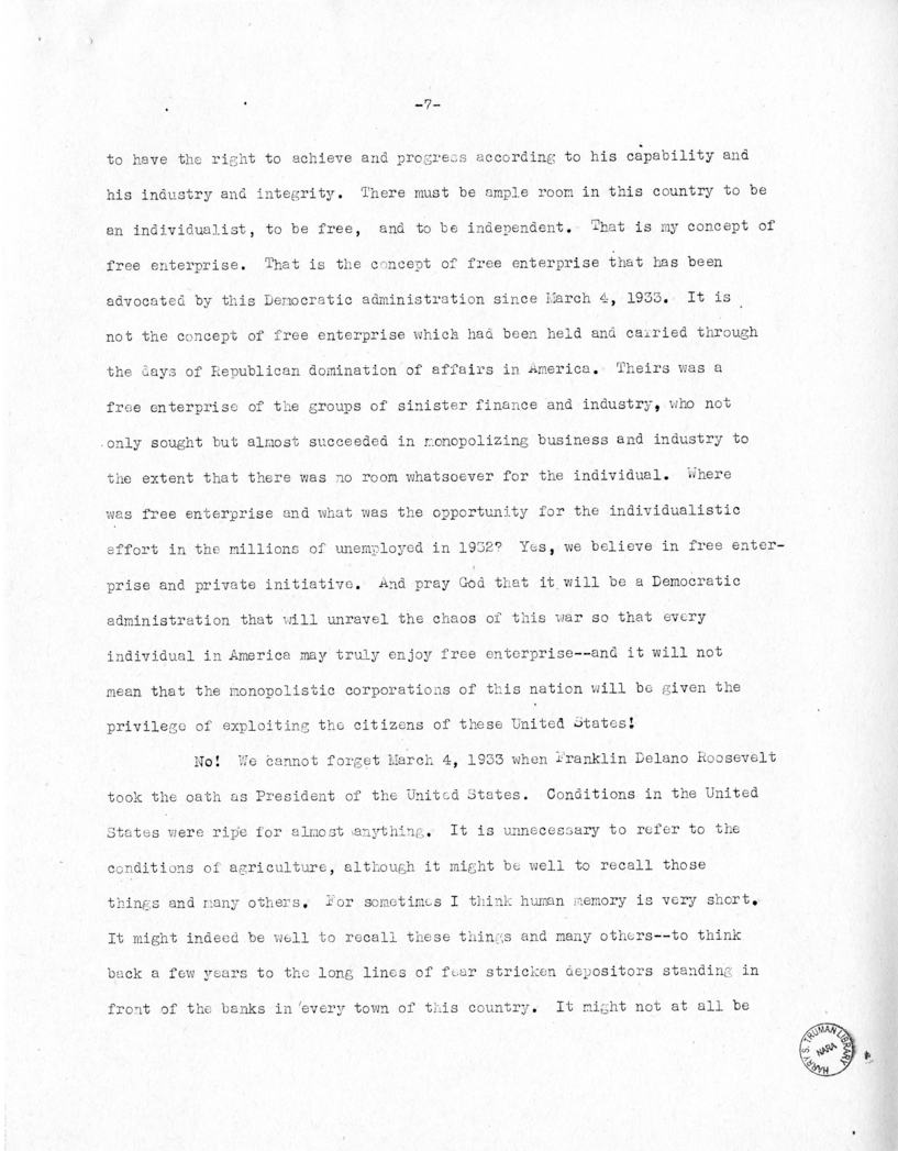 Speech of Senator Harry S. Truman at Topeka, Kansas Washington Day Dinner