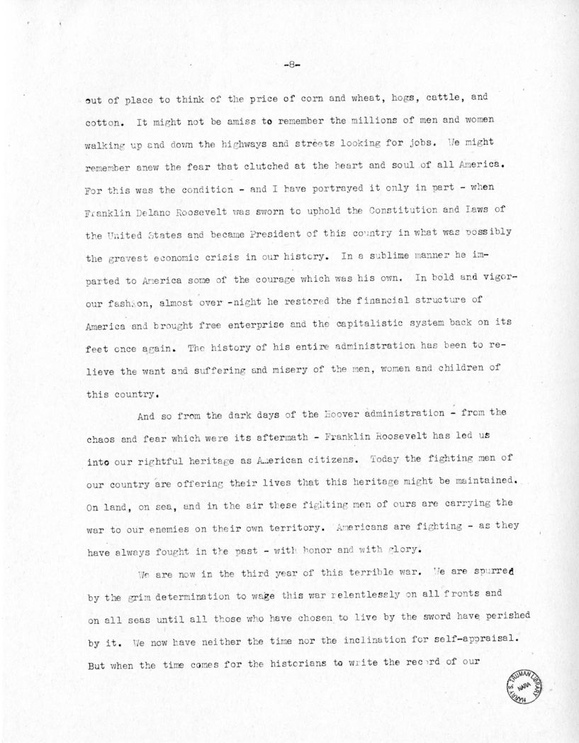 Speech of Senator Harry S. Truman at Topeka, Kansas Washington Day Dinner