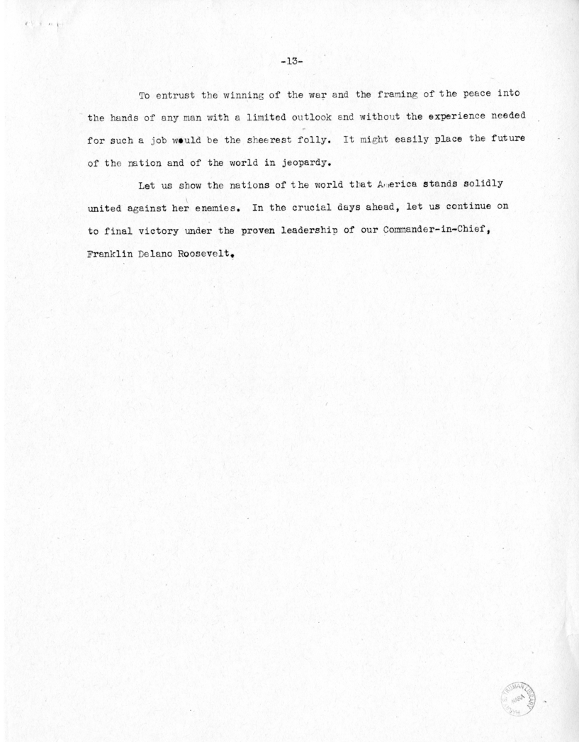 Speech of Senator Harry S. Truman at Topeka, Kansas Washington Day Dinner