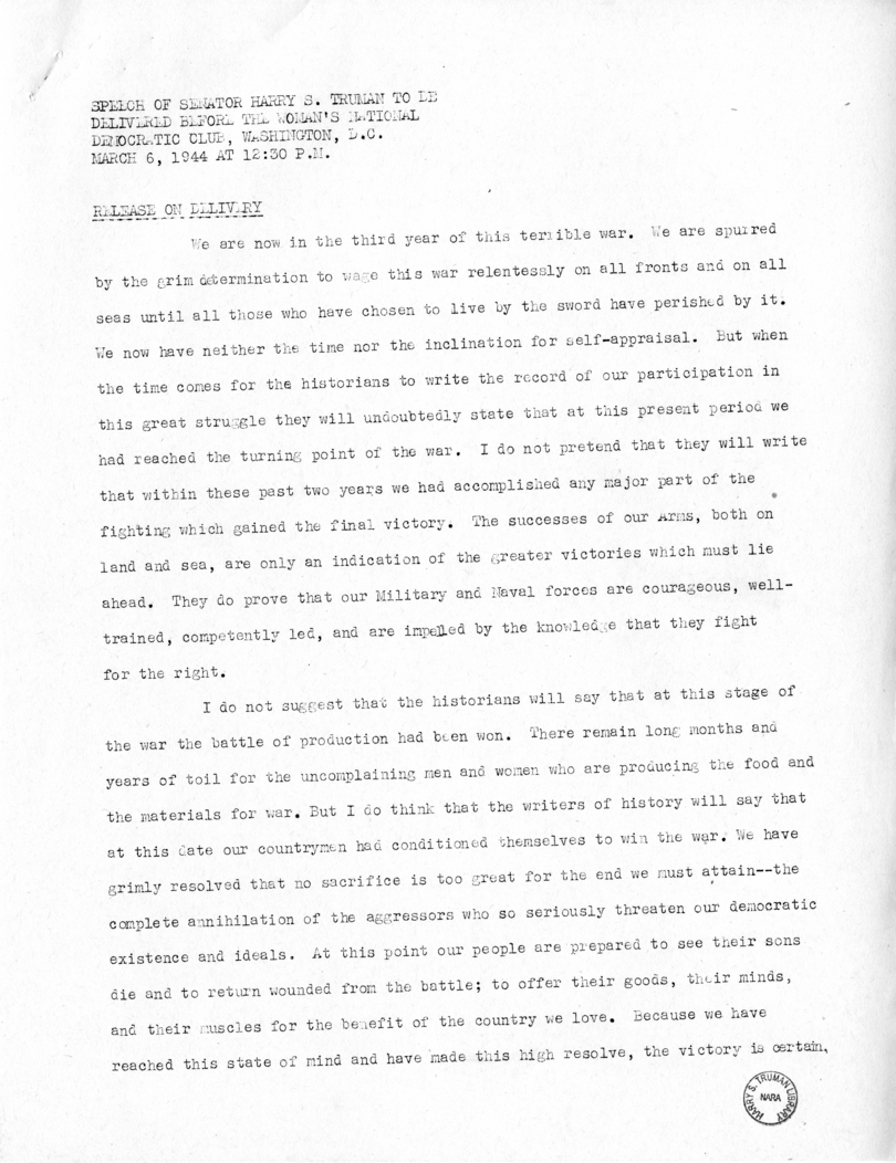 Speech of Senator Harry S. Truman Before the Women's National Democratic Club, Washington, D. C.