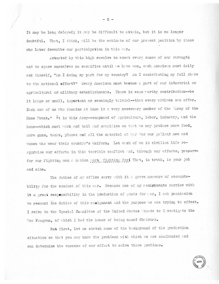 Speech of Senator Harry S. Truman Before the Women's National Democratic Club, Washington, D. C.