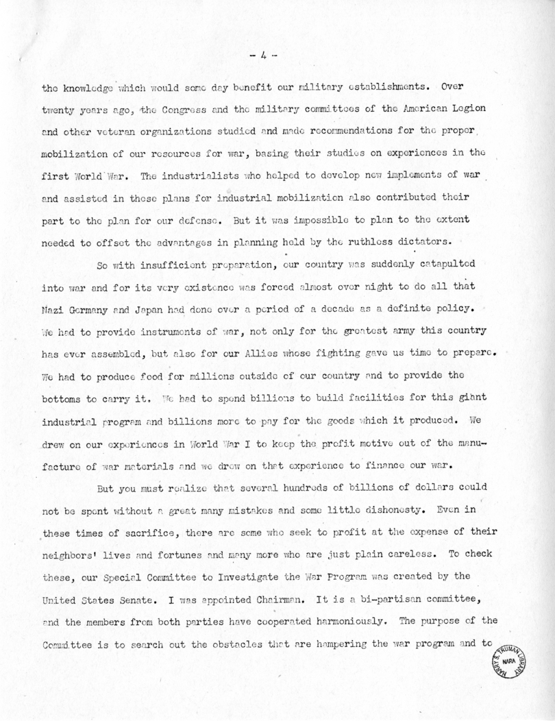 Speech of Senator Harry S. Truman Before the Women's National Democratic Club, Washington, D. C.