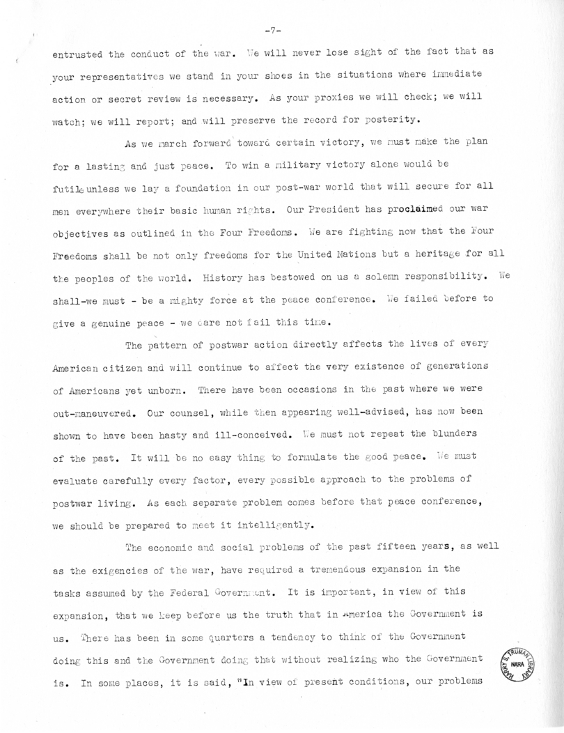 Speech of Senator Harry S. Truman Before the Women's National Democratic Club, Washington, D. C.