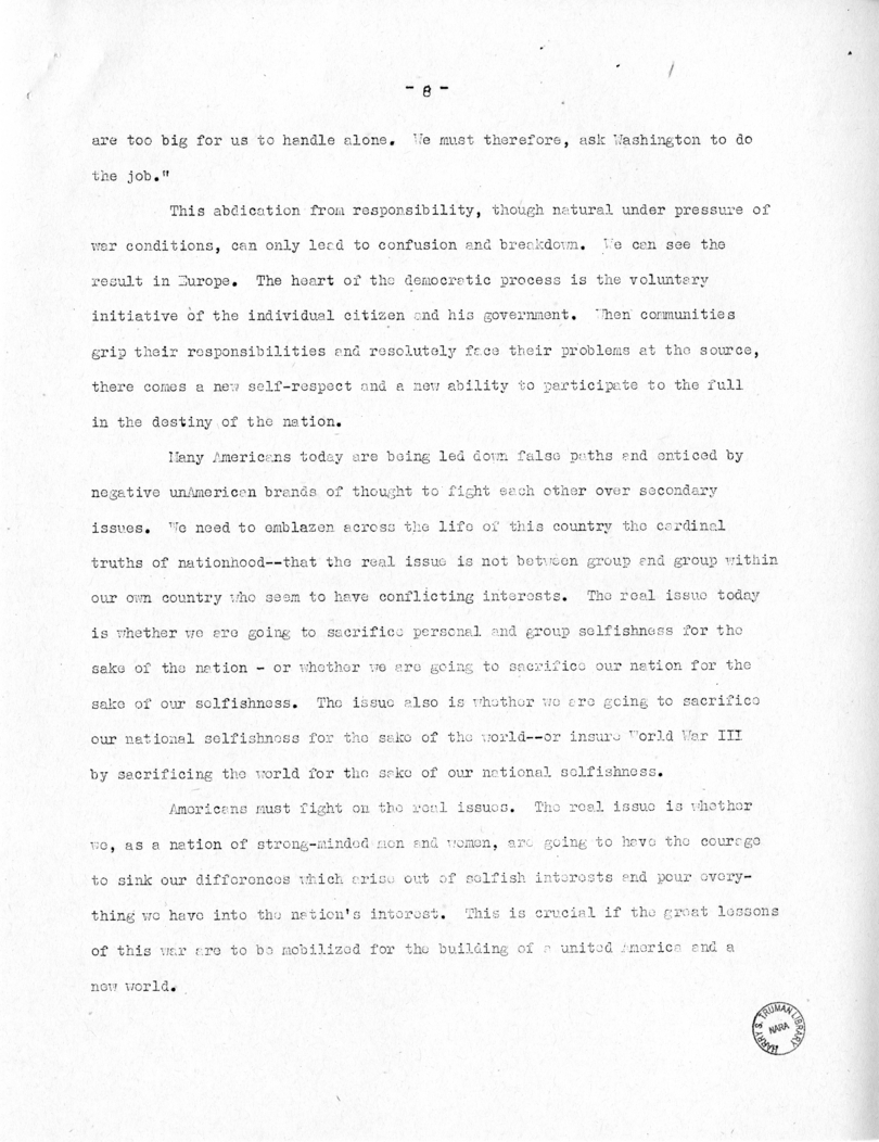 Speech of Senator Harry S. Truman Before the Women's National Democratic Club, Washington, D. C.