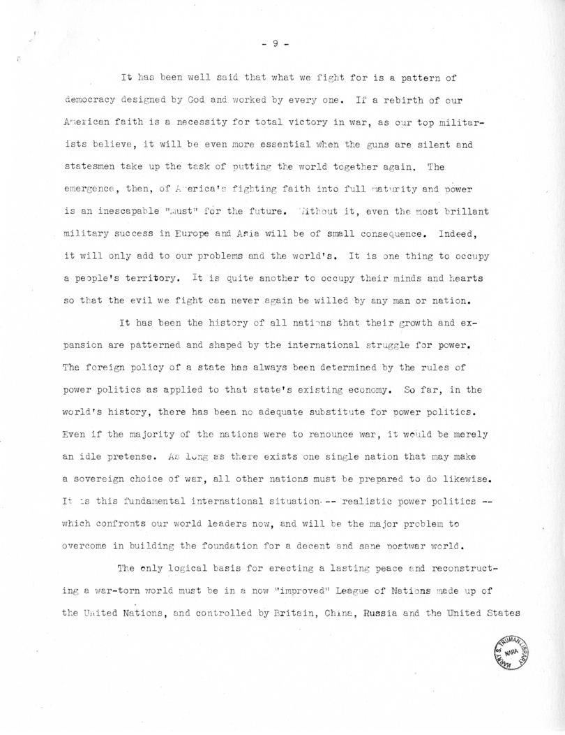 Speech of Senator Harry S. Truman Before the Women's National Democratic Club, Washington, D. C.