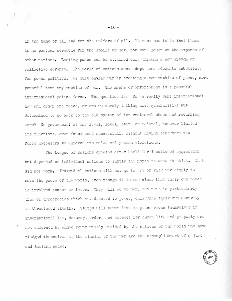 Speech of Senator Harry S. Truman Before the Women's National Democratic Club, Washington, D. C.